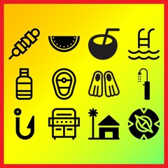 Compass, steak and swimming pool related icons set