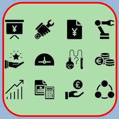 Simple 12 icon set of business related contract, profits, robotic arm and analytics vector icons. Collection Illustration