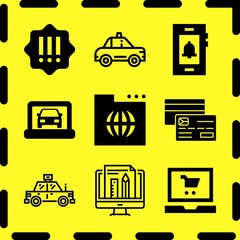 Simple 9 icon set of online related online shopping, promotions, car on laptop and cab vector icons. Collection Illustration