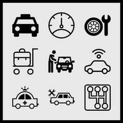 Simple 9 icon set of car related car repairing, gearbox, car and emergency car facing right vector icons. Collection Illustration