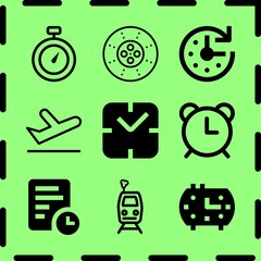 Simple 9 icon set of time related clock, chronometer, clock and break vector icons. Collection Illustration