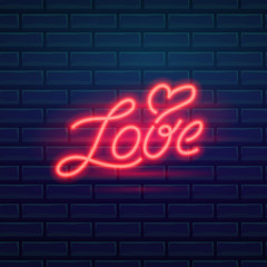 Set of fashion neon sign. Night bright signboard Love, Glowing light banner. Summer logo, emblem. Club or bar on dark background. Editable vector.