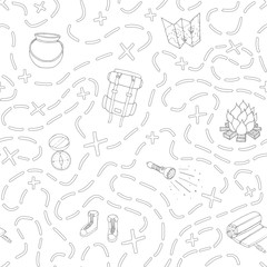 Vector camping seamless pattern with backpack, bonfire, shoes, map, cauldron, sleeping bag, flashlight, compass and path to location outline. Hand drawn travel ornament on the white background. - 215964239