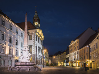 Fototapeta na wymiar Town hall and Robba fountain at Mestni trg at night in Ljubljana, Slovenia