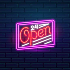 Set of fashion neon sign. Night bright signboard Open, Glowing light banner. Summer logo, emblem. Club or bar on dark background. Editable vector.