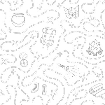 Vector camping seamless pattern with backpack, bonfire, shoes, map, cauldron, sleeping bag, flashlight, compass and path to location outline. Hand drawn travel ornament on the white background.