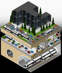  Vector isometric illustration of an element of urban infrastructure consisting of a transport subway hub, tram and bus lines, multi storey car park and underground car tunnel.
