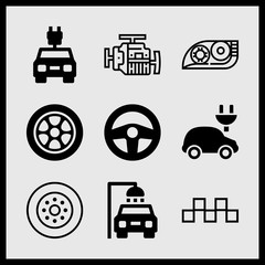 Simple 9 icon set of car related wheel, wheel, car and squares transports symbol vector icons. Collection Illustration