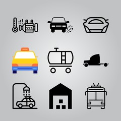 Simple 9 icon set of transport related warehouse, small truck, tank wagon and car vector icons. Collection Illustration