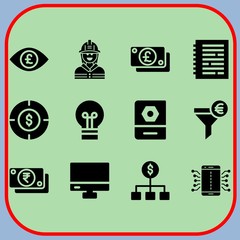 Simple 12 icon set of business related mobile, notebook, dollar and eye vector icons. Collection Illustration