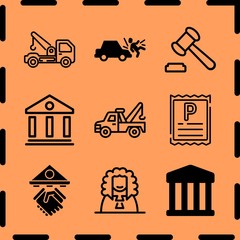 Simple 9 icon set of legal related judge, parking ticket, courthouse and car run over man vector icons. Collection Illustration