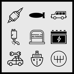 Simple 9 icon set of car related missile, ship, car engine and van side view vector icons. Collection Illustration