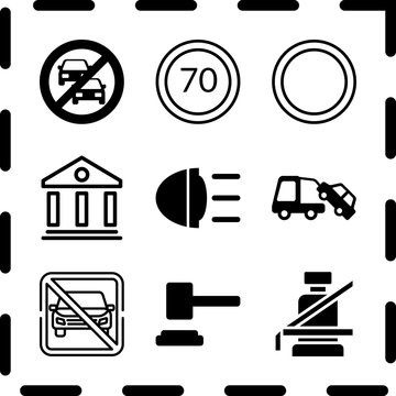 Simple 9 icon set of law related speed limit, no parking sign, car beacon on and towing a car vector icons. Collection Illustration