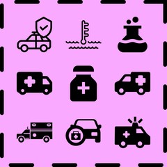 Simple 9 icon set of medicine related temperature, ambulance, hospital ambulance and insurance vector icons. Collection Illustration