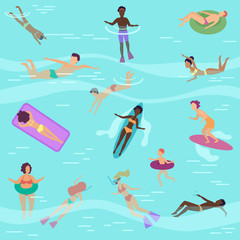 Vector flat cartoon people in sea or ocean swimming, diving, sunbathing on floating air mattres.