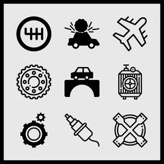 Simple 9 icon set of car related gear, car on the bridge, starter and radiator vector icons. Collection Illustration