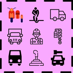 Simple 9 icon set of car related sidecar, car repair, gearshift and accident vector icons. Collection Illustration