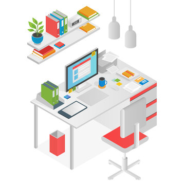 Flat isometric workspace worl place concept vector isolated.