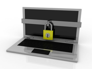 3d illustration Safety concept: Closed Padlock with laptop on digital background