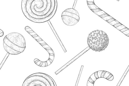 Candies and sweets. Seamless pattern. Hand drawn sketch