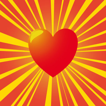 A red heart with yellow rays and a shine in the background