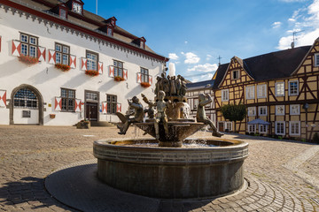 Fountain made of copper in the middle of the old marketplace with half-timbered houses in Linz am...