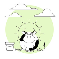 Cute cow with milk bucket. Grass, sun and clouds.