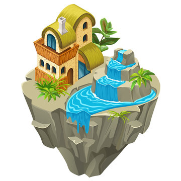 3d isometric building on the island for computer games. Сottage and stone elements landscape design. Isolated vector cartoon illustration