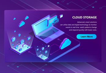 Cloud storage vector isometric concept background. Modern internet technologies, online web service for keeping digital data, files. Neon banner with modern smart gadgets, template for website