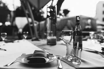 empty wine glasses restaurant interior serving, beautifully served wine glasses