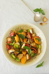 Salad of tomatoes and bread panzanella in a round plate on a light background. Rustic style.