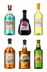 Alcohol drinks in a bottle with different vintage labels. Realistic Absent Liqueur Tequila Wine Whiskey Beer Rum. Vector illustration for the menu. logo engraved hand drawn.
