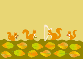 実りの秋　可愛いリスが楽器を持って演奏する