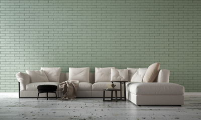 Modern living room interior design and brick texture wall pattern background 