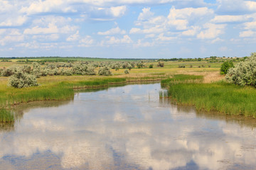 Summer landscape with small river and blue cloudy sky