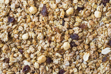 Background of Muesli Breakfast with oat flakes raisins. Close-up view of the crispy granules. The concept of Healthy eating.