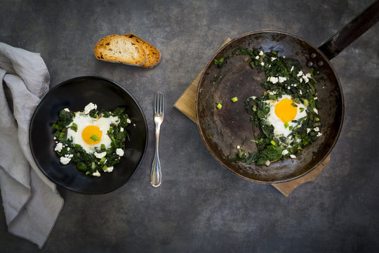 Green Shakshouka with baby spinach, chard, spring onions and basil