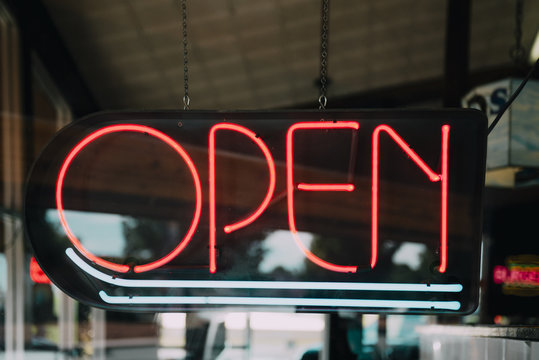 United States, neon advertising for open fast food restaurant