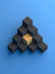 Abstract pyramid of black cubes and yellow