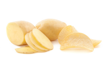 crispy chips and raw potato on white background