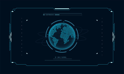 Hologram planet Earth in window virtual touchscreen user interface. Futuristic planet on control panel target screen. Concept sci fi interface for vr and video games.Vector illustration. - obrazy, fototapety, plakaty