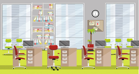 flat illustration of modern office interior with 4 tables, claret chairs, large windows and light green carpet in skyscraper. Open space with palm tree, file rack with documents, clock, notes.