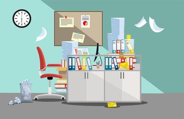Fototapeta na wymiar Period of accountants and financier reports submission. Pile of paper documents and file folders in cardboard boxes on office table. Flat vector illustration windows, red chair, waste-basket, clock