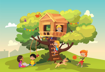 Obraz na płótnie Canvas Happy multiracial boys and girls playing and having fun in the treehouse, kids playing with dog, and watering gun, reading book and climb ladder in the neighborhood. Detailed vector Illustration.