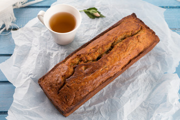 Fresh homemade banana bread  with cup of tea