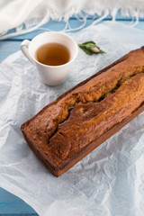 Fresh homemade banana bread  with cup of tea