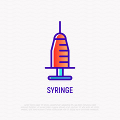 Syringe thin line icon. Modern vector illustration of medical equipment for injection and vaccination.