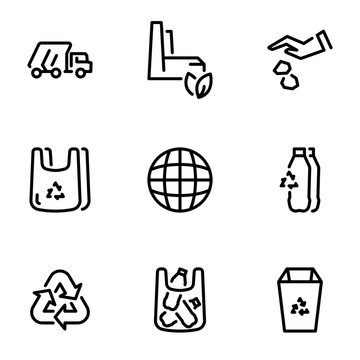 Set of black vector icons, isolated on white background, on theme Recycling of plastic waste and transportation