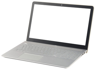 The laptop is grey black, isolated on a white background.