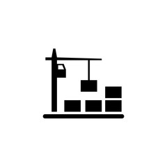 Tower Crane with Container. Flat Vector Icon illustration. Simple black symbol on white background. Tower Crane with Container sign design template for web and mobile UI element